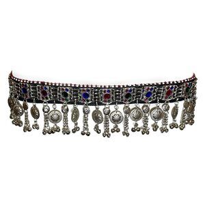 1257 Tribal Afghan Multicolor Beads Waist Belt With Bells And Black